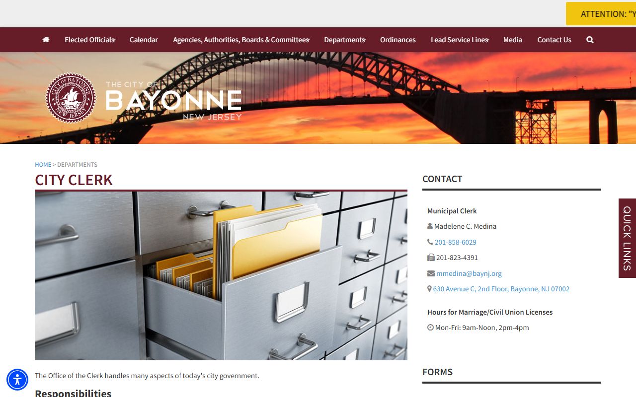 Bayonne City Clerk department page for Bayonne birth records