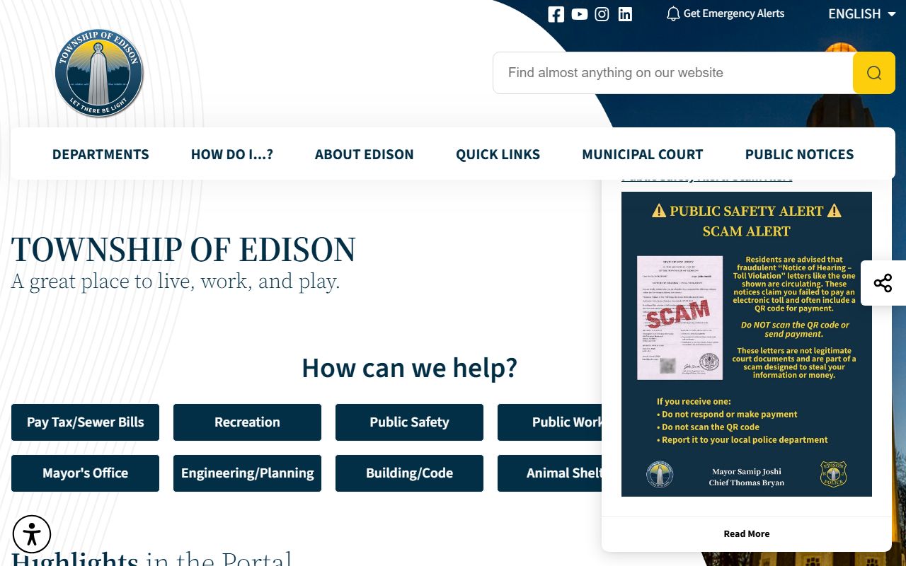 Edison Township website for Edison birth records in Middlesex County