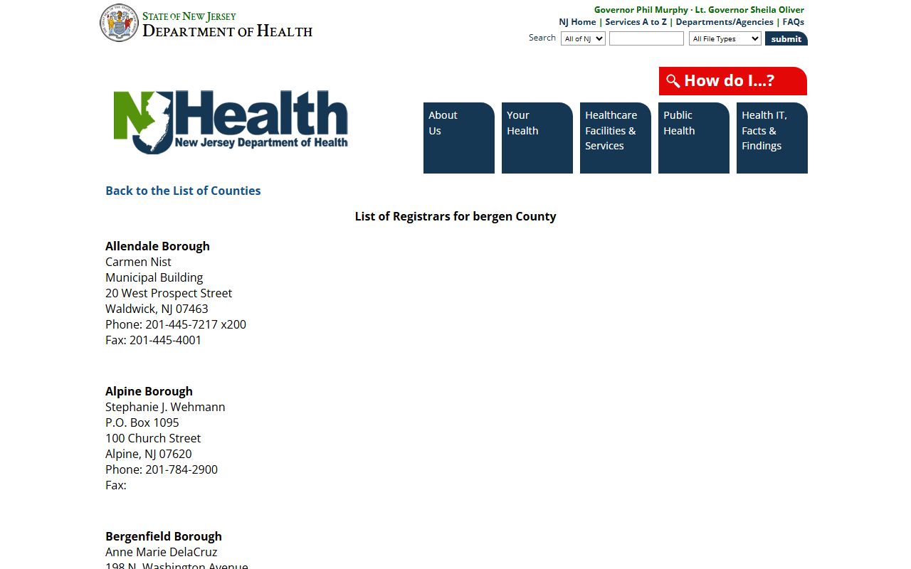 NJ Department of Health registrar list for Bergen County birth records