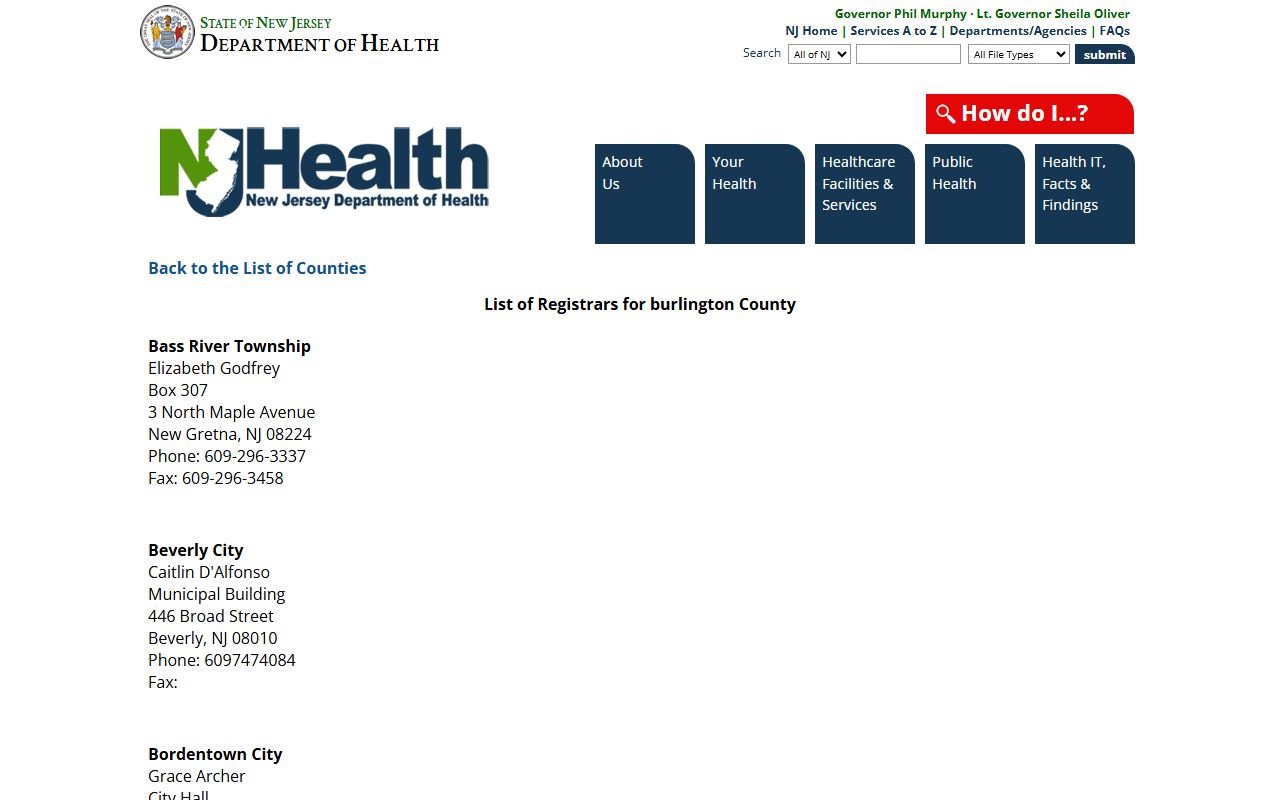 NJ Department of Health registrar list for Burlington County birth records
