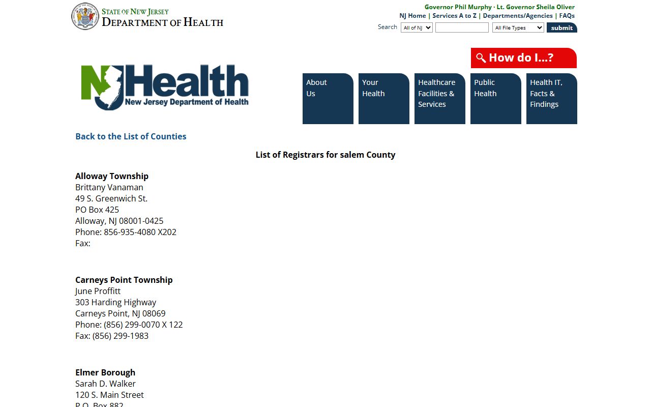 NJ Department of Health registrar list for Salem County birth records