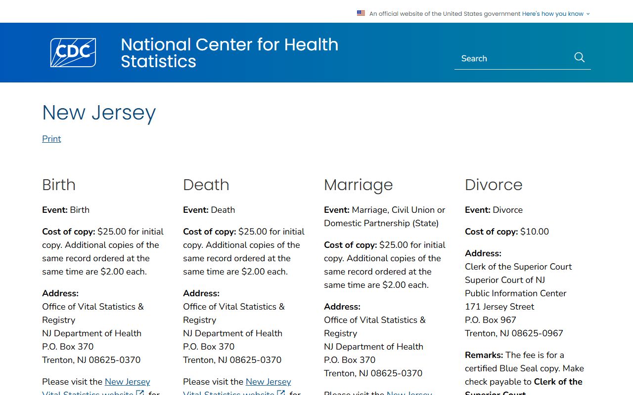 CDC Where to Write for New Jersey birth records information