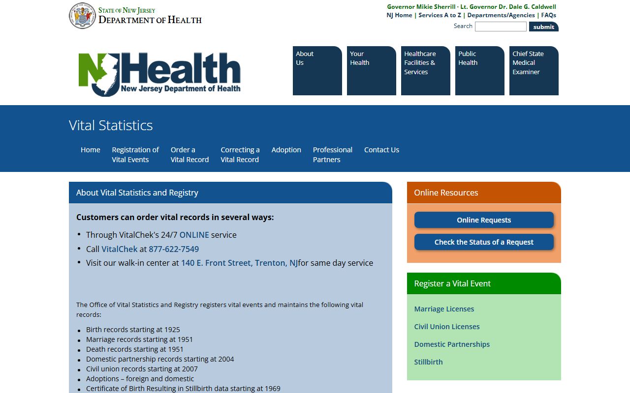 New Jersey Department of Health Office of Vital Statistics birth records page